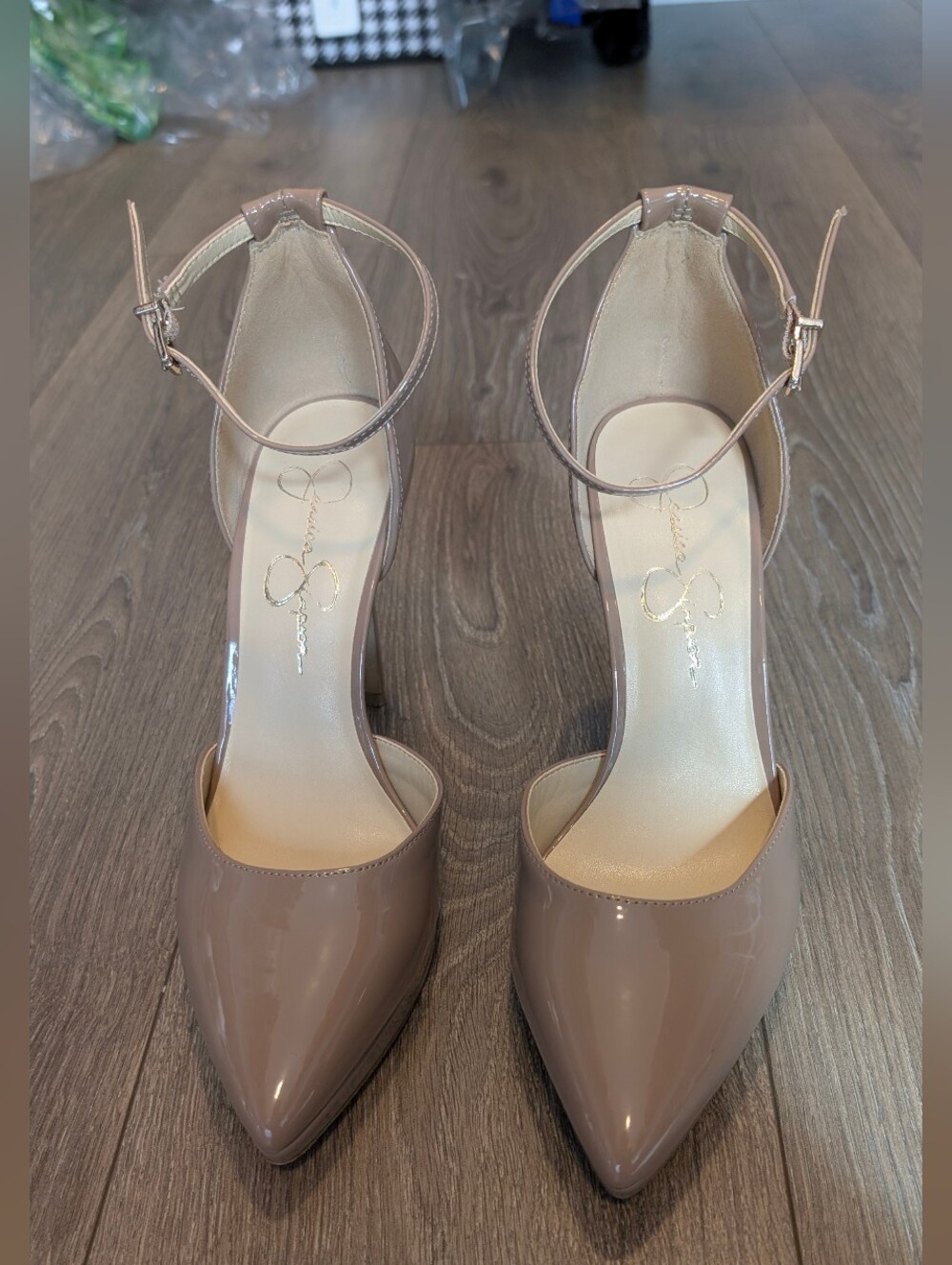 Jessica Simpson Patent Pointed-Toe Ankle-Strap Pumps in Taupe